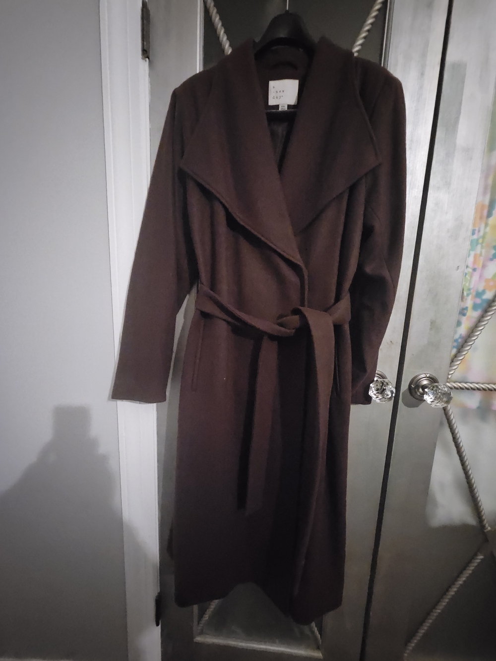 a new day Dark Brown Long Wool Coat with Waist Tie XXL